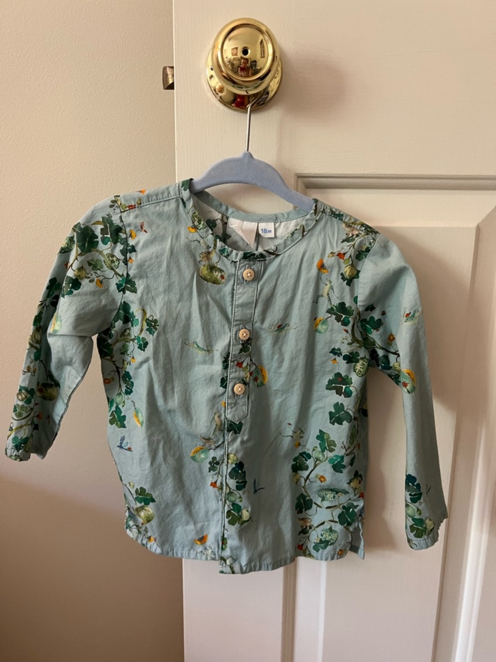 O so & Me Pale Blue Frog Plant Print Button-Up Baby Top